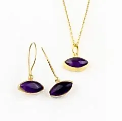 Ametist Doğaltaşlı Minimal Gümüş Set