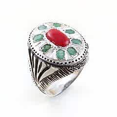 Zümrüt ve Mercan Doğaltaşlı Gümüş Yüzük