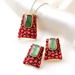 Mercan Ve Serpantin Doğaltaşlı Gümüş Set