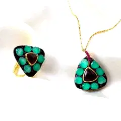 Yeşil Onix ve Garnet Doğaltaşlı Yüzük ve Kolye Seti