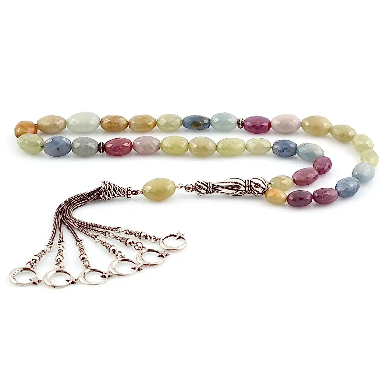 Multi Safir Doğal Taşlı Gümüş Püsküllü Tesbih M1