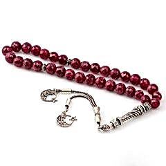 Yakut Doğal Taşlı 925 Ayar Gümüş Ay Yıldız Püsküllü Tesbih