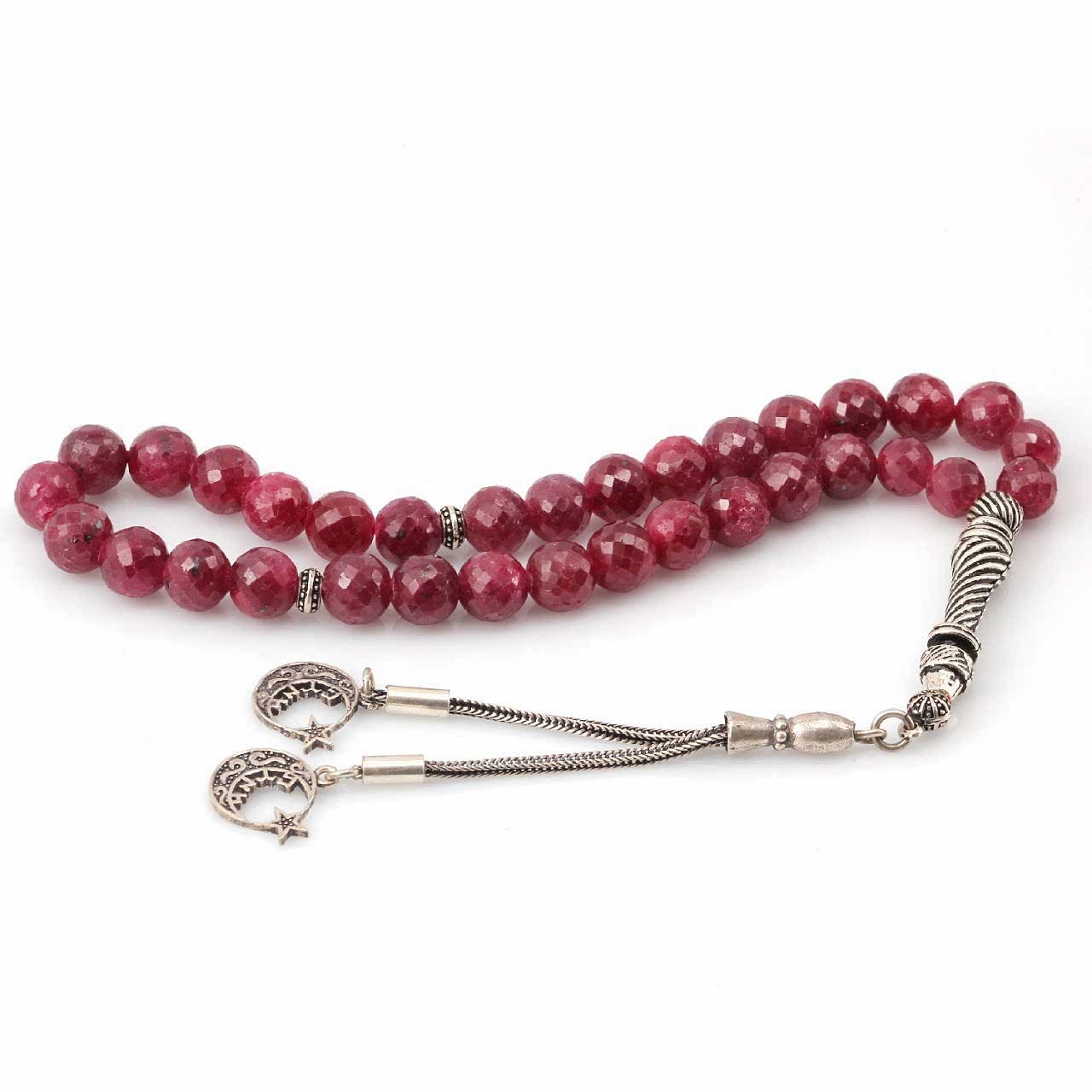 Yakut Doğal Taşlı 925 Ayar Gümüş Ay Yıldız Püsküllü Tesbih