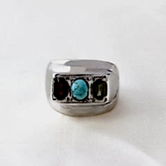 Firuze,Garnet ve Peridot Doğaltaşlı Erkek Gümüş Yüzük