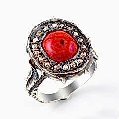 Elmas ve Mercan Doğal Taşlı 925 Ayar Gümüş Erkek Yüzük