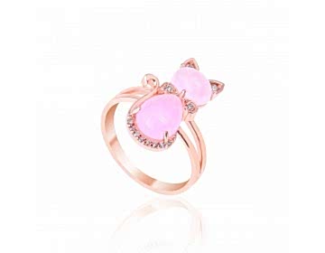 Pembe Kuartz Taşlı Pırlantalı Kedi Yüzük