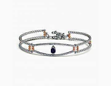 Çift Sıra Pırlanta ve Safir Altın Kelepçe Bilezik